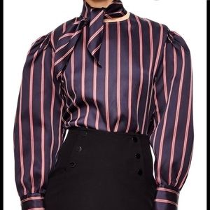 NWT SANDRO Zoe Tie-Neck Striped Satin -Twill Blouse, size 3